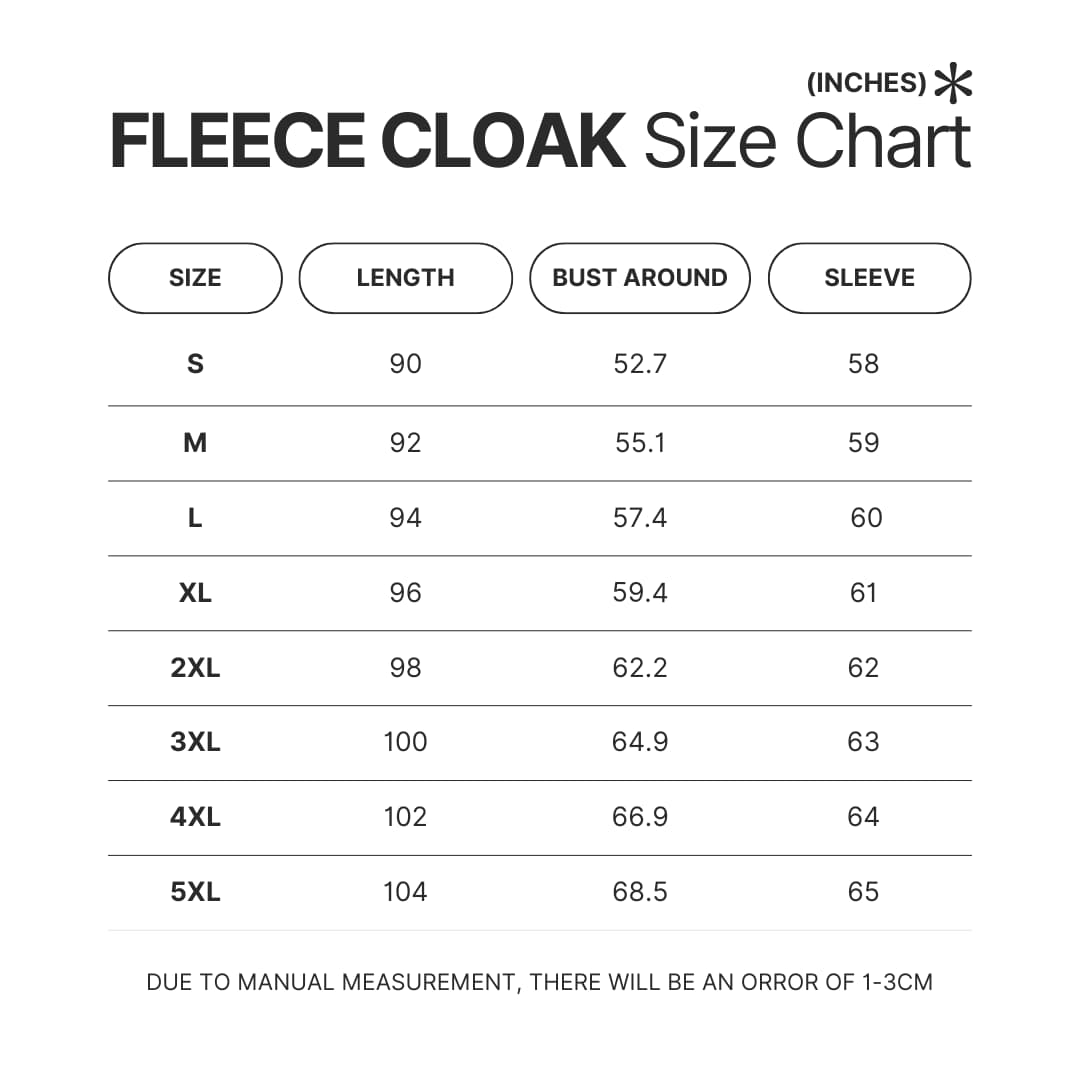 Fleece Cloak Size Chart - Dragon Ball Z Gifts