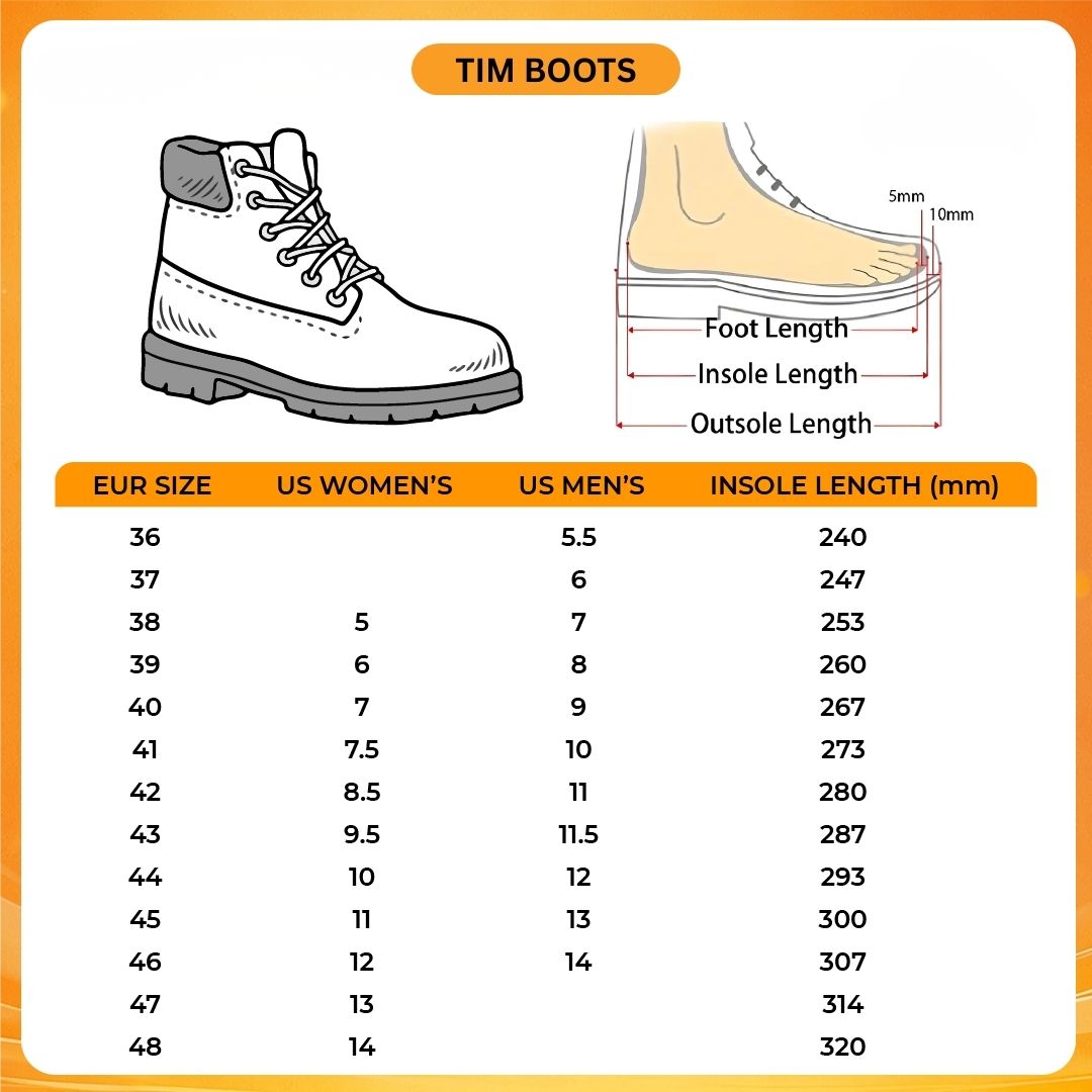 Tim Boots V1 Size Chart - Dragon Ball Z Gifts